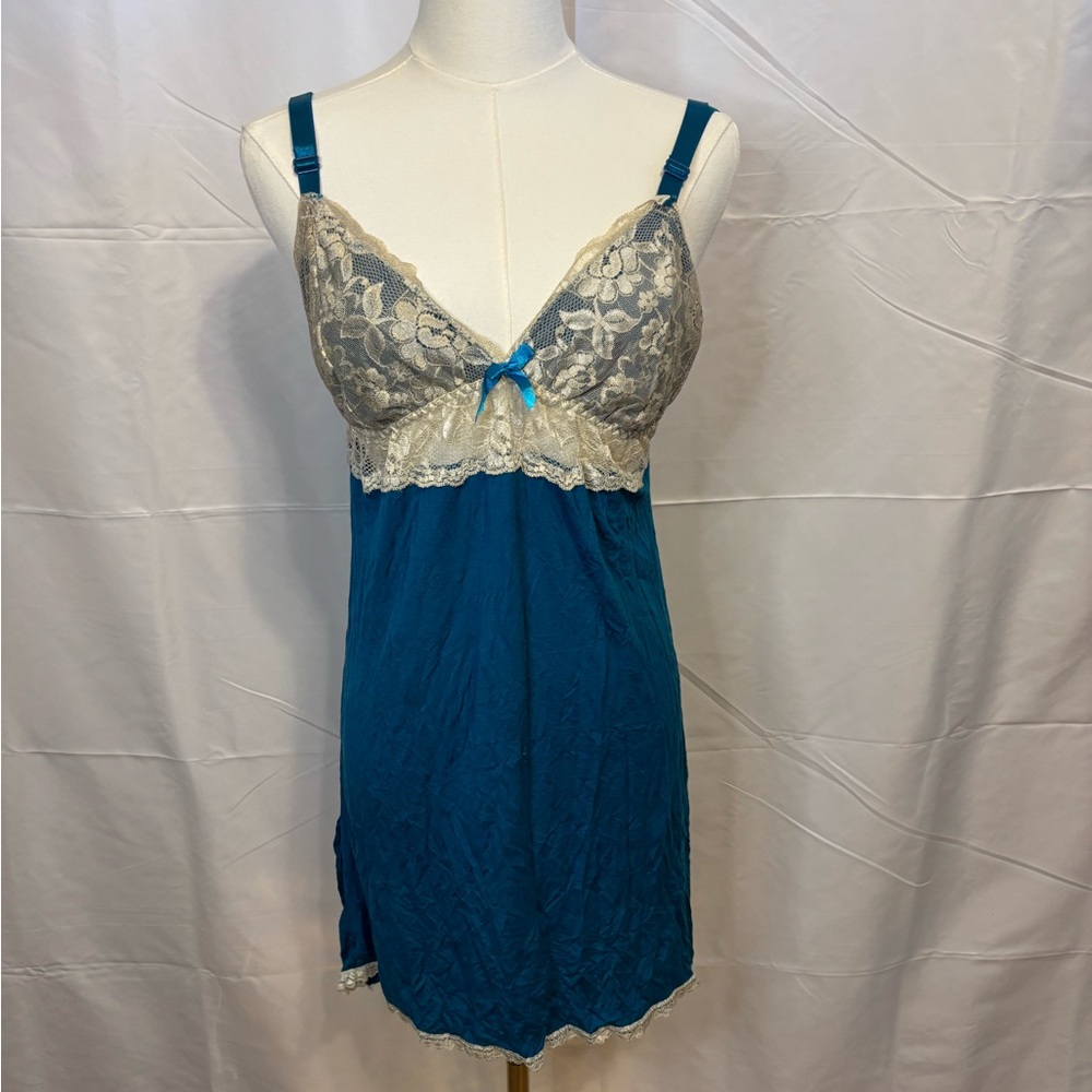 Y2K Teal Lace‎ Trim Babydoll Slip Dress Nature Intimates